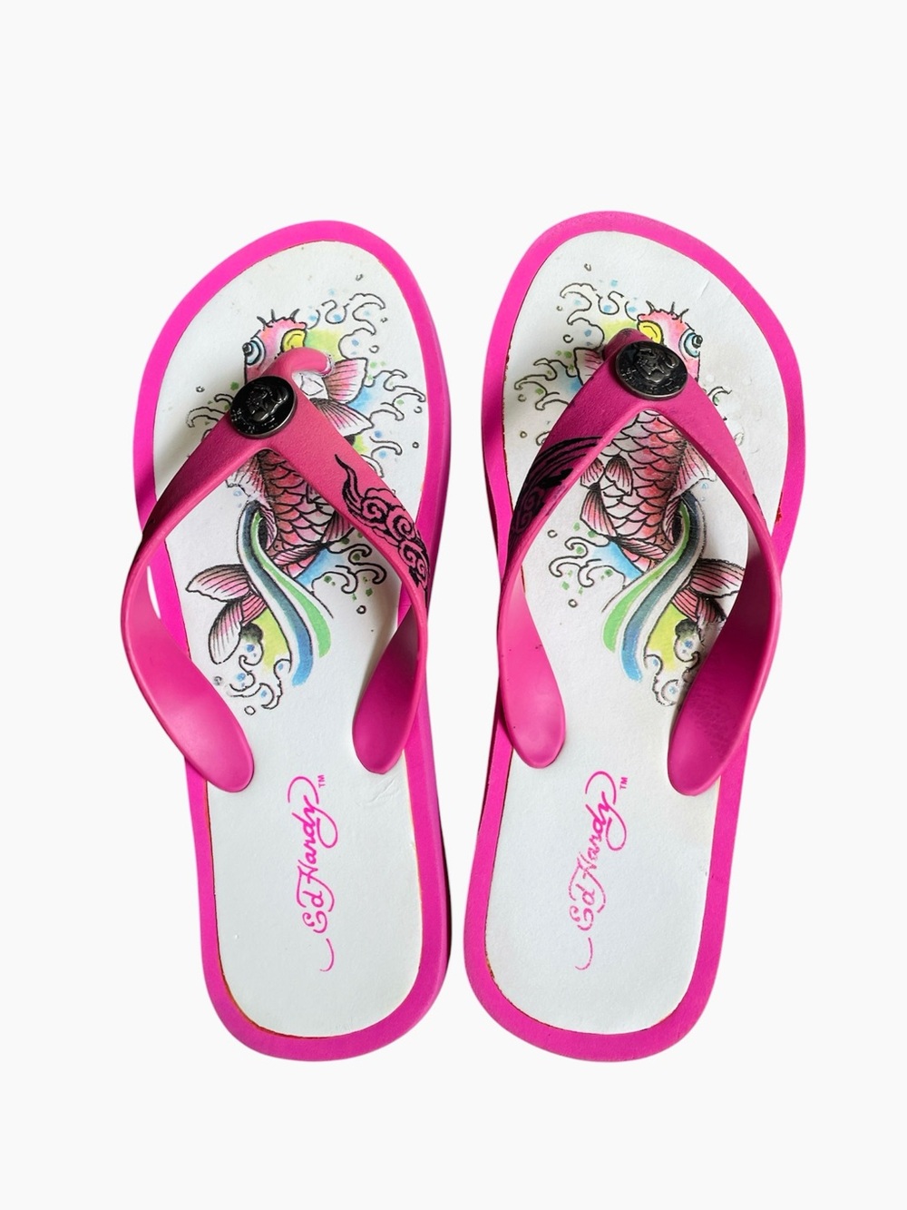Ed Hardy platform flip flops pink and white with koi fish